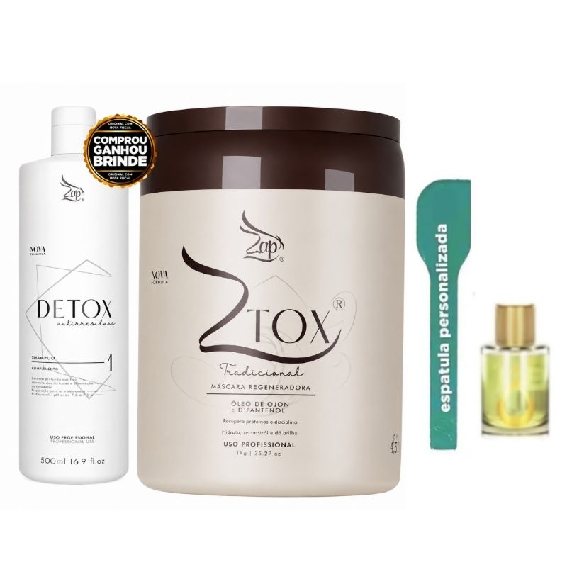 Zap Detox Antirresiduos Tradicional Kit Shampoo 500ml + Ztox  Máscara Regeneradora  liso e brilho intenso 1kg
