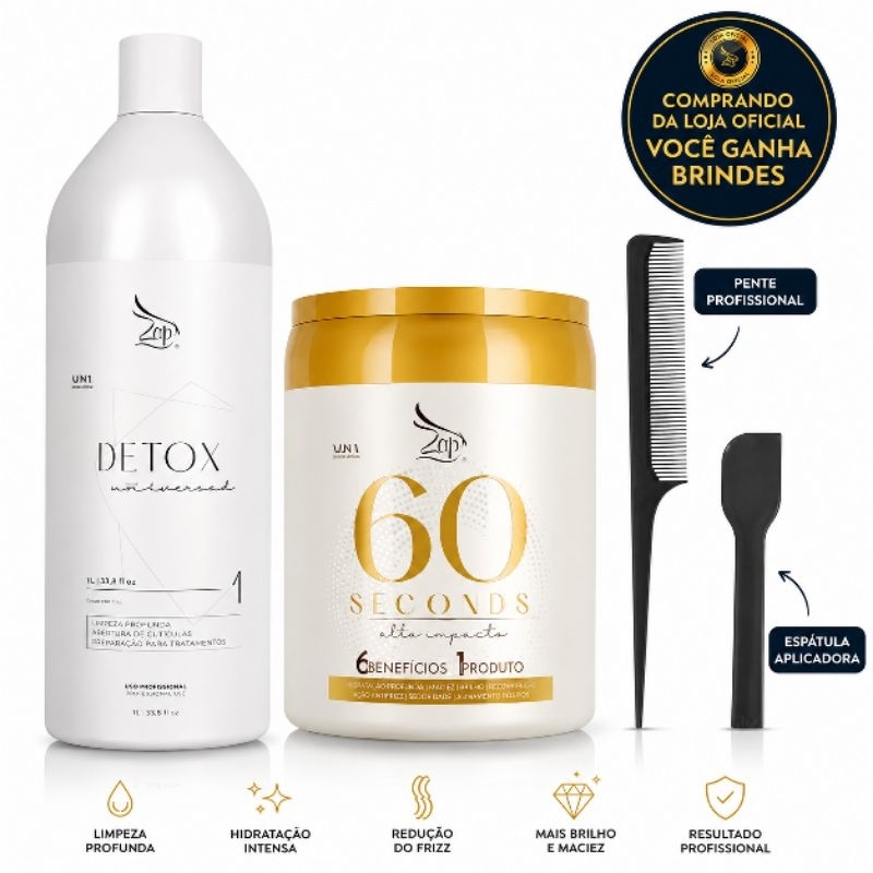 Kit Shampoo Detox Antirresíduos + Mascara Hidratação Intensiva Zap 60 Seconds Alta Impacto