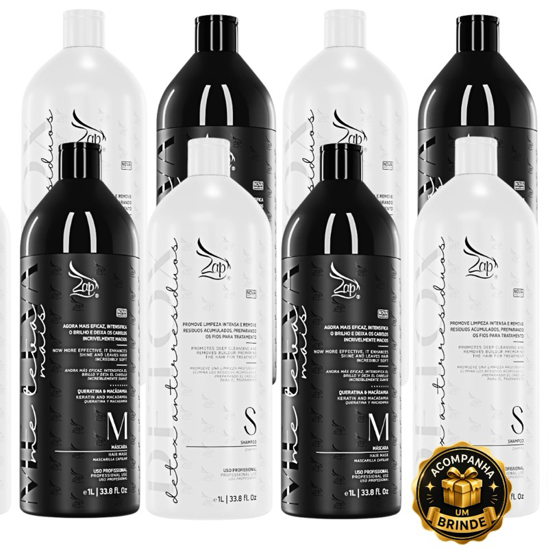 Kit 4 Escovas Progressivas Zap Me Leva Mais 4 Shampoos Detox 1 Litro Acompanha um Brinde.