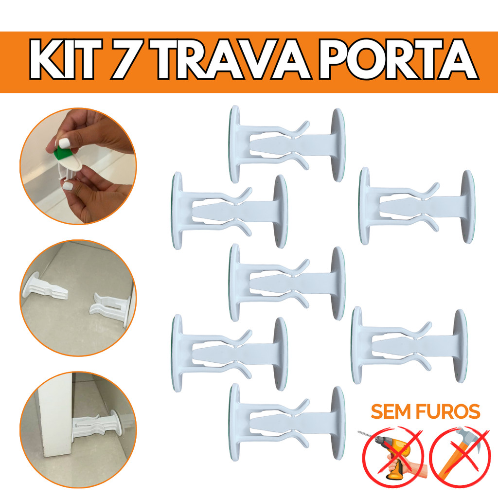 Kit 7 Trava De Porta Prendedor Fixador Branco Adesivo Prático Simples Fácil Instalação