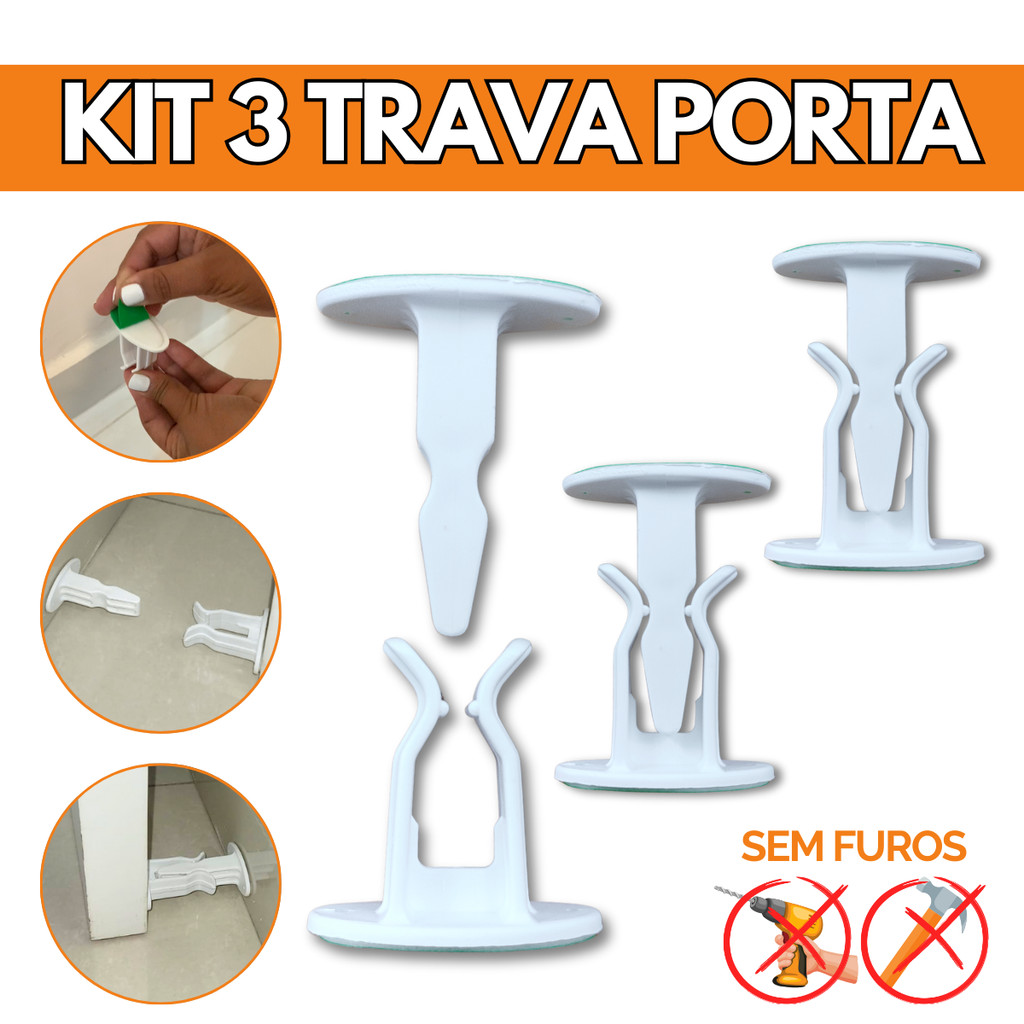 3Un Trava De Porta Prendedor Fixador Branco Adesivo Prático Simples Fácil Instalação