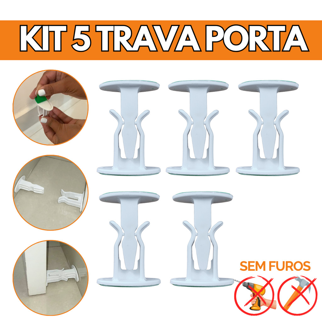Kit 5 Trava De Porta Prendedor Fixador Branco Adesivo Prático Simples Fácil Instalação