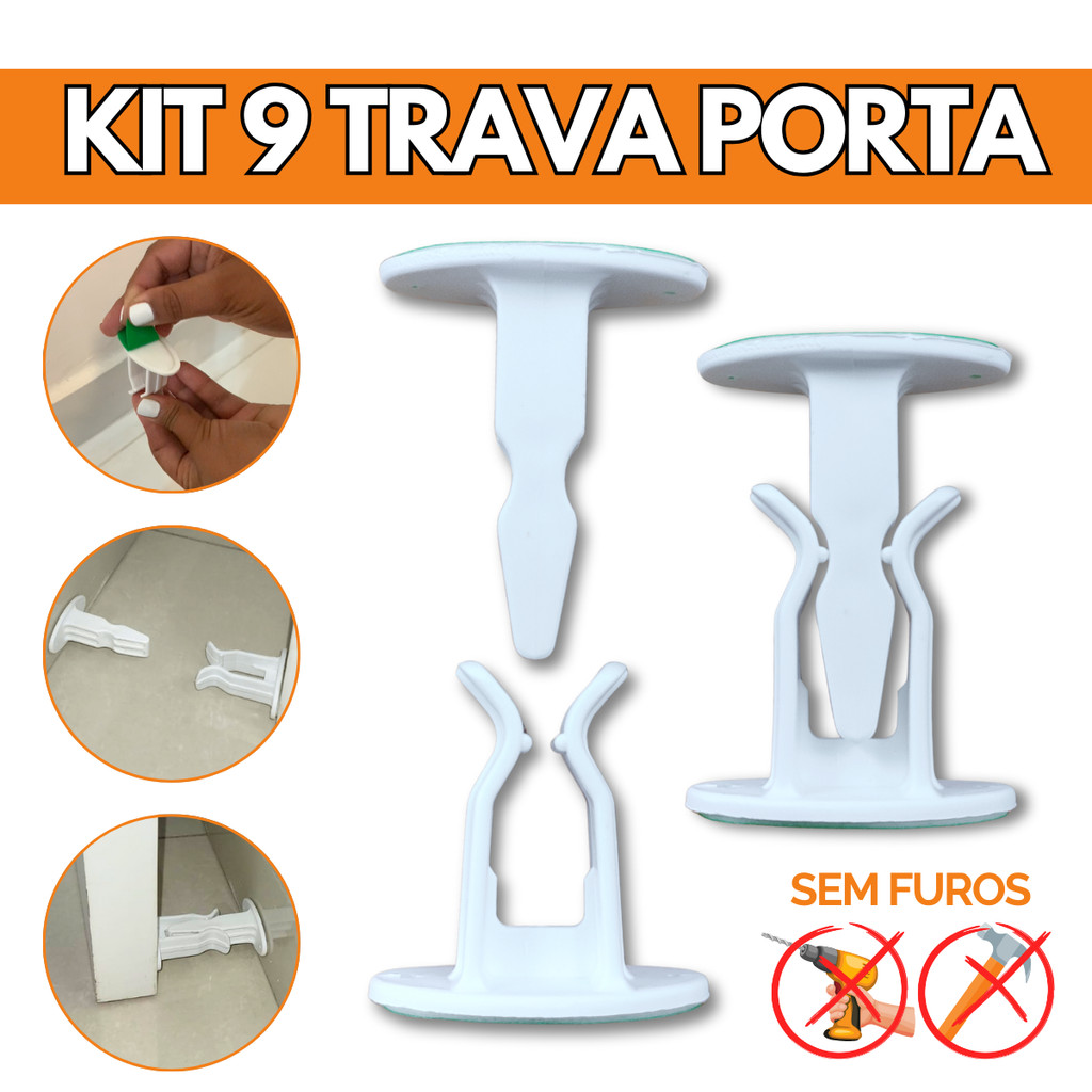 Kit 9 Trava De Porta Prendedor Fixador Branco Adesivo Prático Simples Fácil Instalação