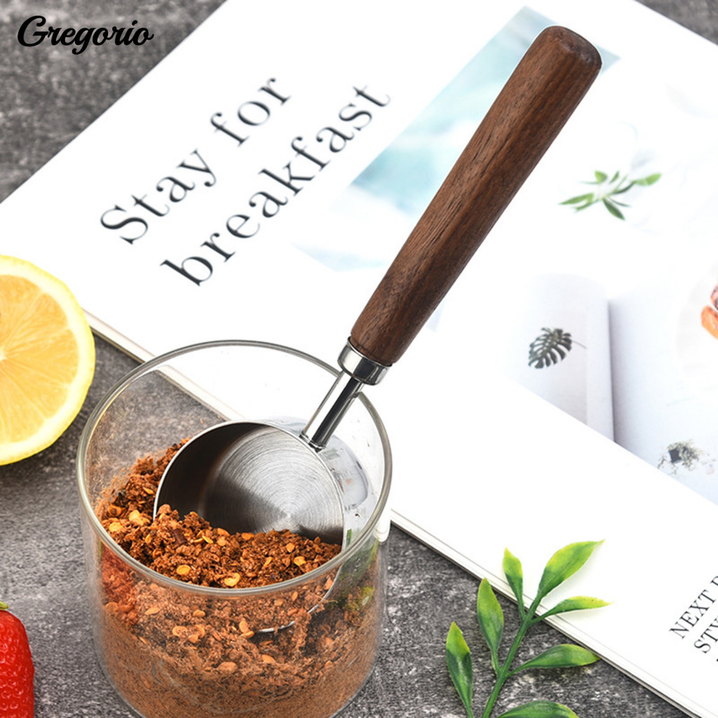 Easy Handling Pet Food Scoop Wooden Handle Measuring Spoon Stainless Steel Cups with Wood – Coffee Bean Baking for Coo