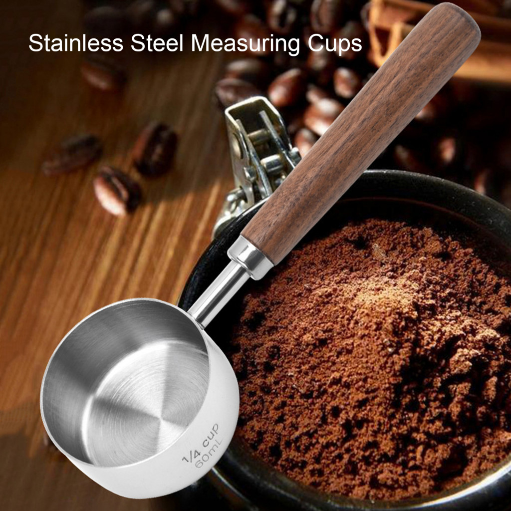 Wooden Handle Measuring Spoon Accurate Portion Cups Stainless Steel with Wood – Coffee Bean Baking for Cooking for Sou