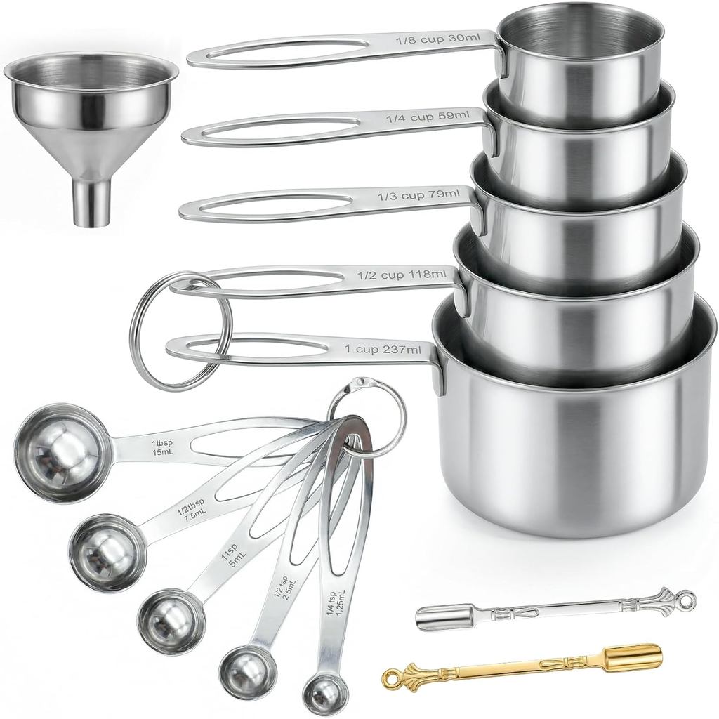 13PCS Stainless Steel Measuring Cups and Spoons Set with Funnel, Stackable Metal Measuring Cup and Spoon Set for Baking