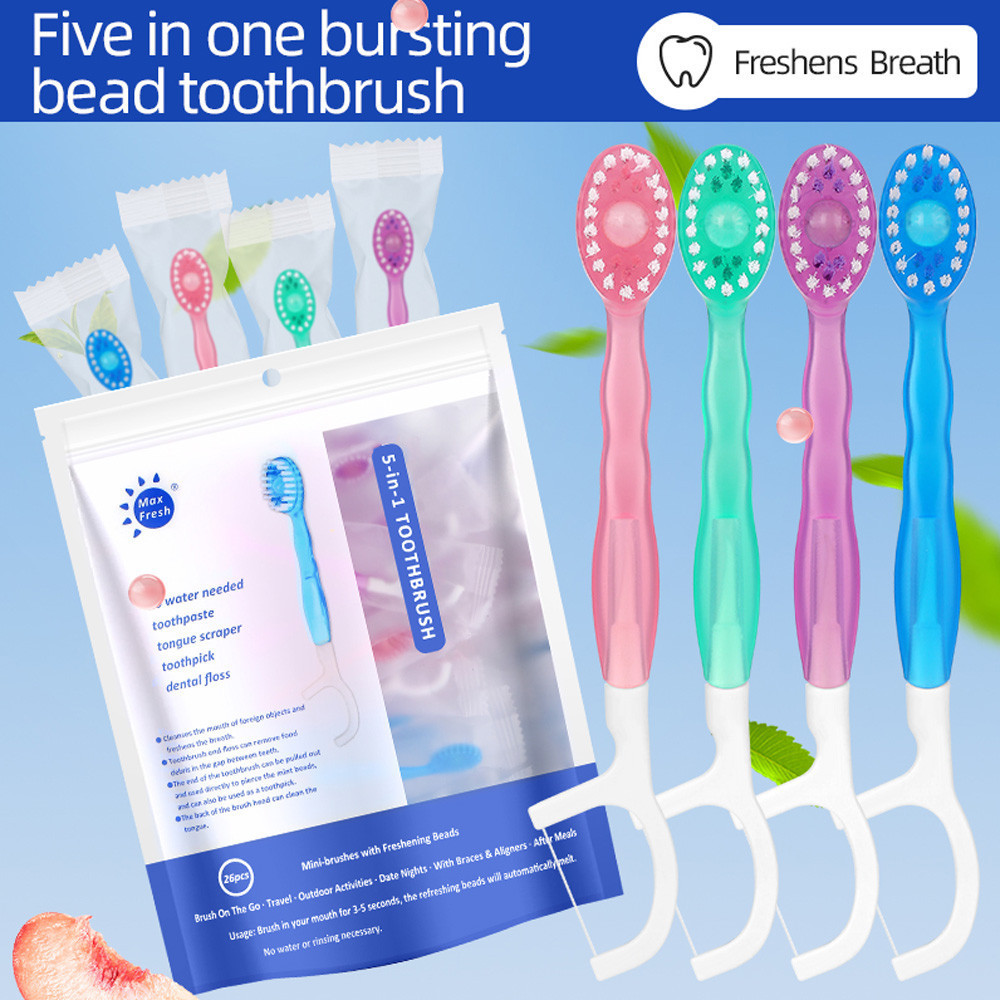 Mini Escova de Dentes Descartável 5 em 1 Multifuncional com Fio Dental - Refresca o Hálito, Limpa a Cavidade Oral