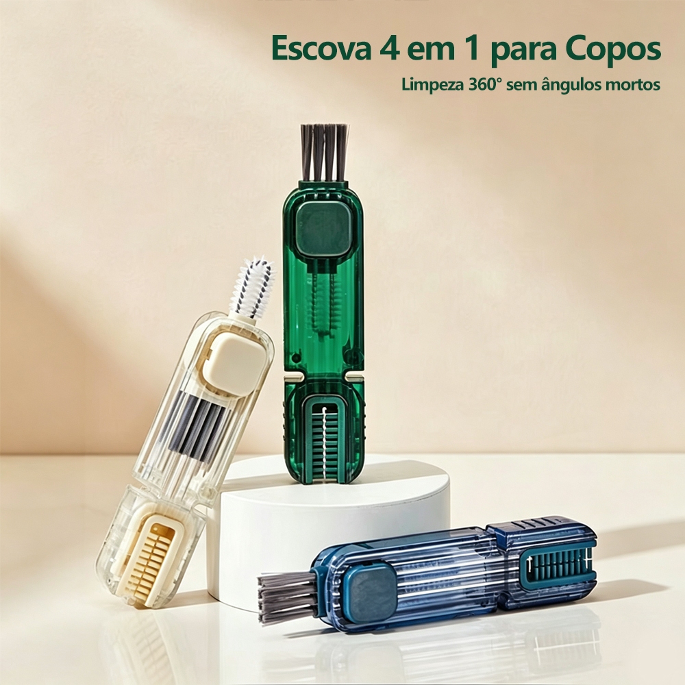 Escova Multifuncional Limpa Fendas De Copos 4 em 1 Limpeza 360º Sem Pontos Cegos Garrafa Água Canudo