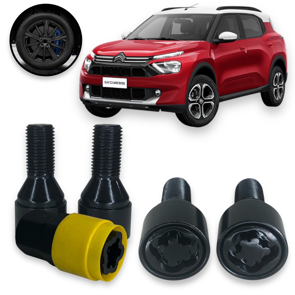 Kit Trava Parafuso Roda Antifurto Cabeça Giratória Preto Citroen C3 Air Cross