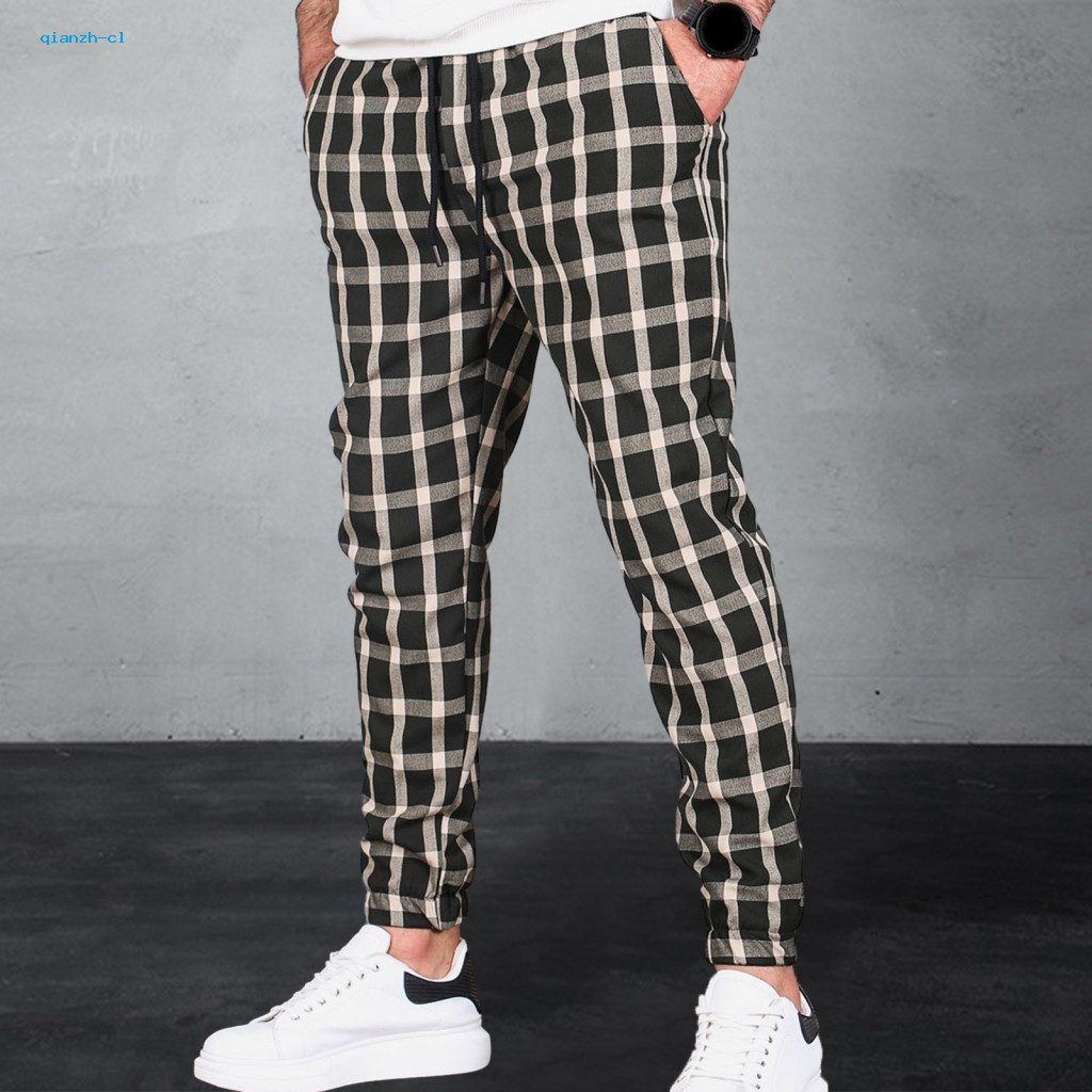 Men Sweatpants Ergonomic Design Pants Men's Casual Jogger Plaid Print Elastic Waist Drawstring Ankle-banded Soft Breatha