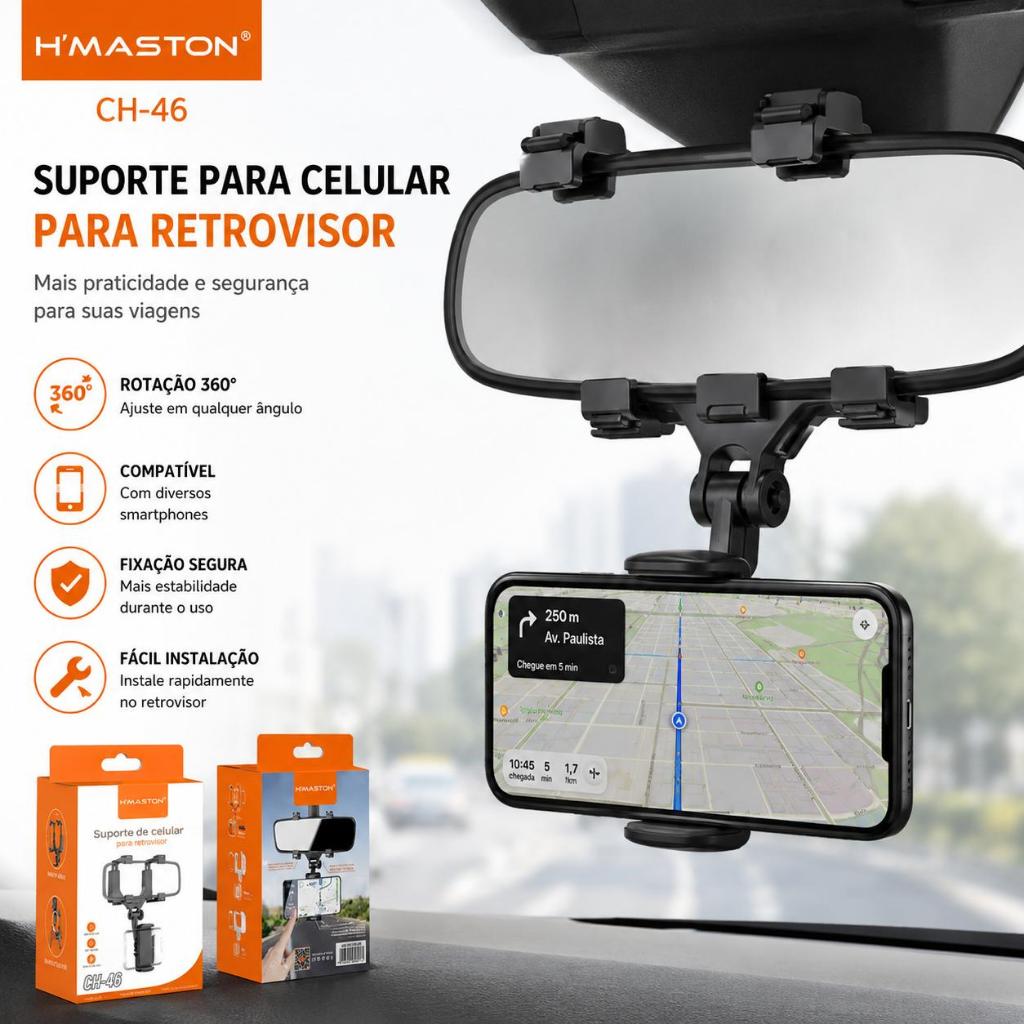 Suporte Celular para Retrovisor H’Maston CH-46 Universal Ajustável 360° para GPS Navegação e Smartphone no Carro top