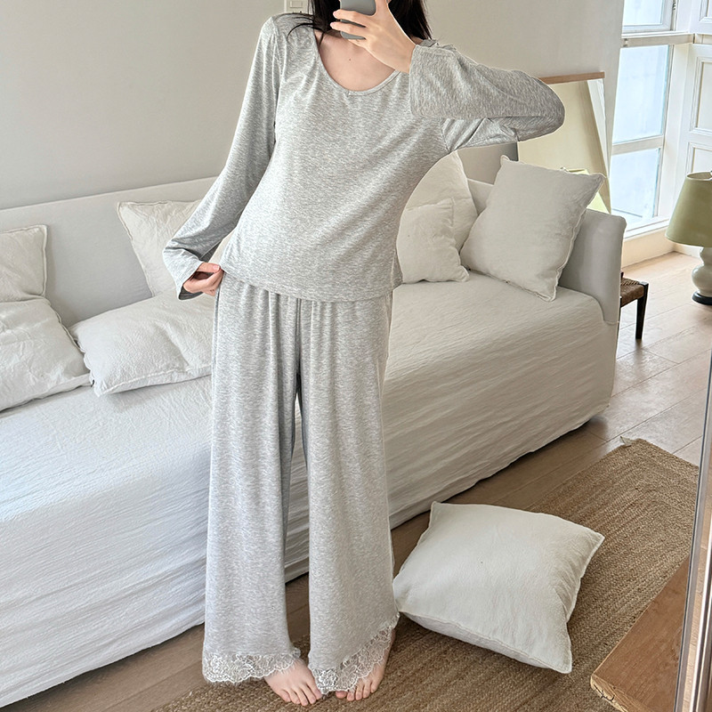2026 novo estilo pijamas femininos primavera outono rendas Halter manga longa grande em torno do pescoço Modal Casual de