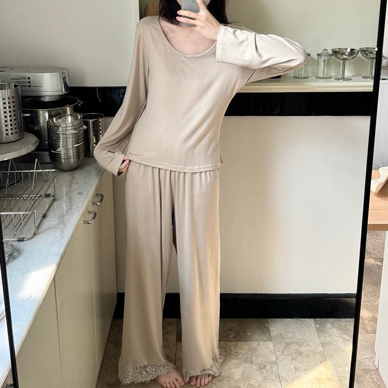 2026 novo estilo pijamas femininos primavera outono rendas Halter manga longa grande em torno do pescoço Modal Casual de