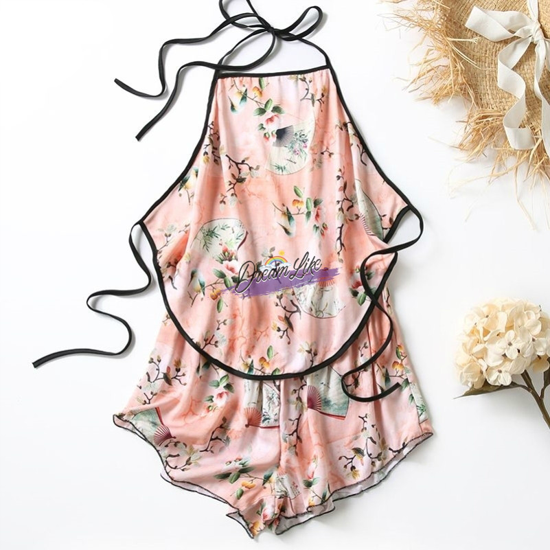 Halter abdômen feminino verão antigo 2026 novo estilo estilingue pijamas roupa interior de seda gelo terno estilo adulto