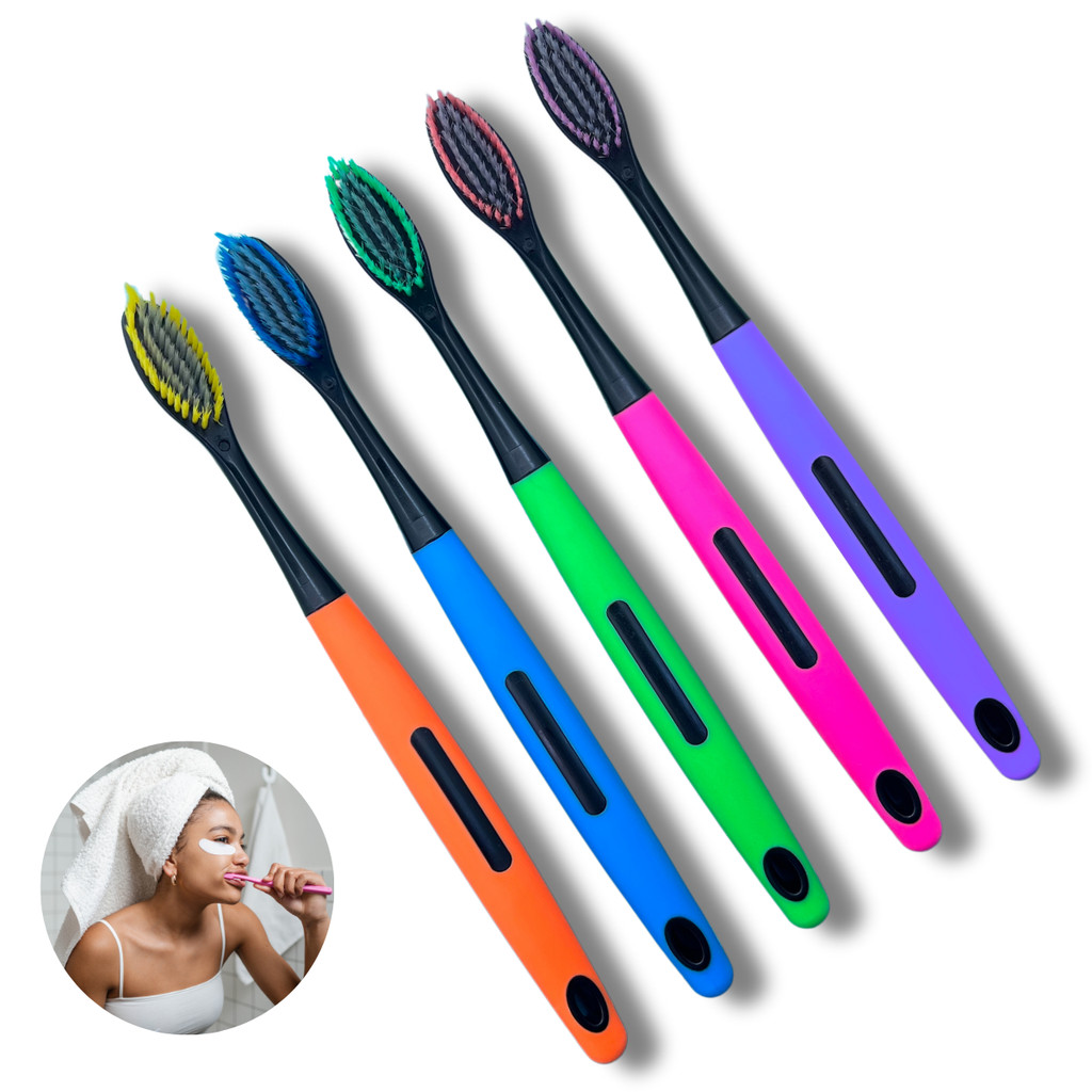 Kit 5 Escovas De Dente Macia Com Limpador De Bochechas E Lingua