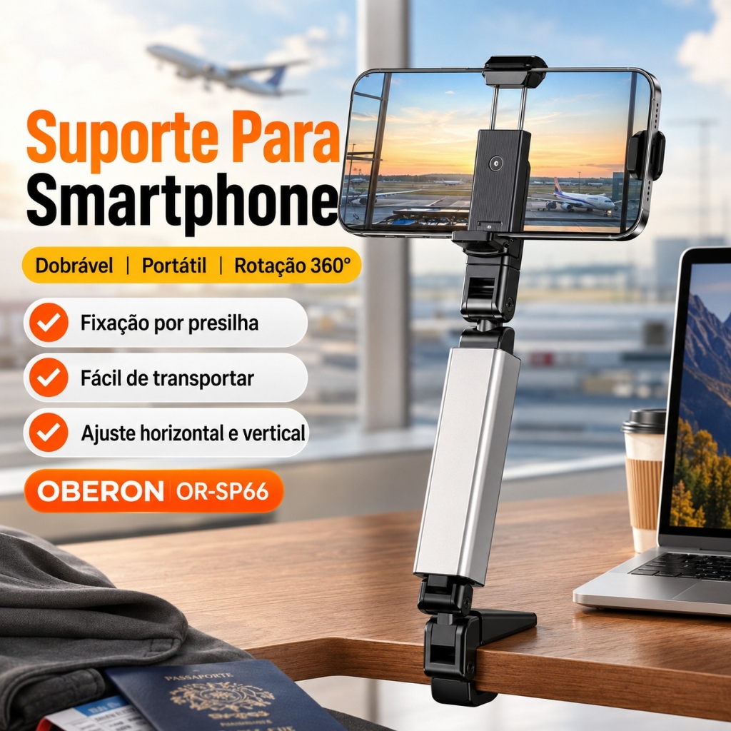 Suporte Para Celular Portátil OBERON OR-SP66 Dobrável 360° Com Presilha Para Mesa E Viagem