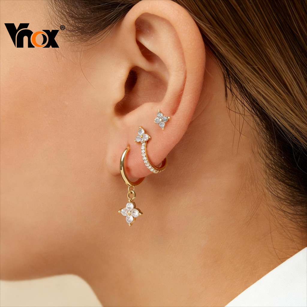 Conjunto De Brincos De Três Pares De Flor De Zircônia Vnox Para Mulheres E Crianças , Acessórios Pequenos Da Sorte Banha