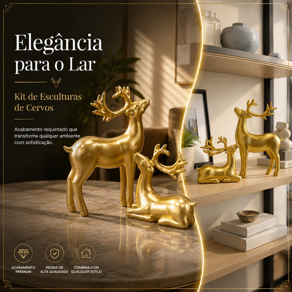 Par De Cervos Decorativos Dourados Resina Sorte 2 Peças