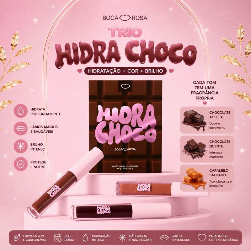 TRIO HIDRA CHOCO BOCA ROSA – 3 GLOSSES INCRÍVEIS PARA LÁBIOS HIDRATADOS, BRILHANTES E IRRESISTÍVEIS!