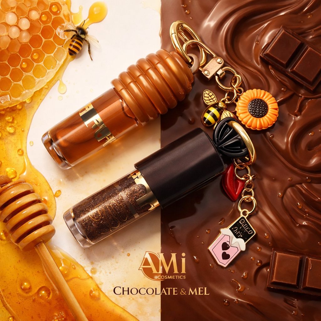 Gloss Labial Personalizado com Chaveiro, Mel e Chocolate, Boca Hidratada com Glow, Batom Ruby Make