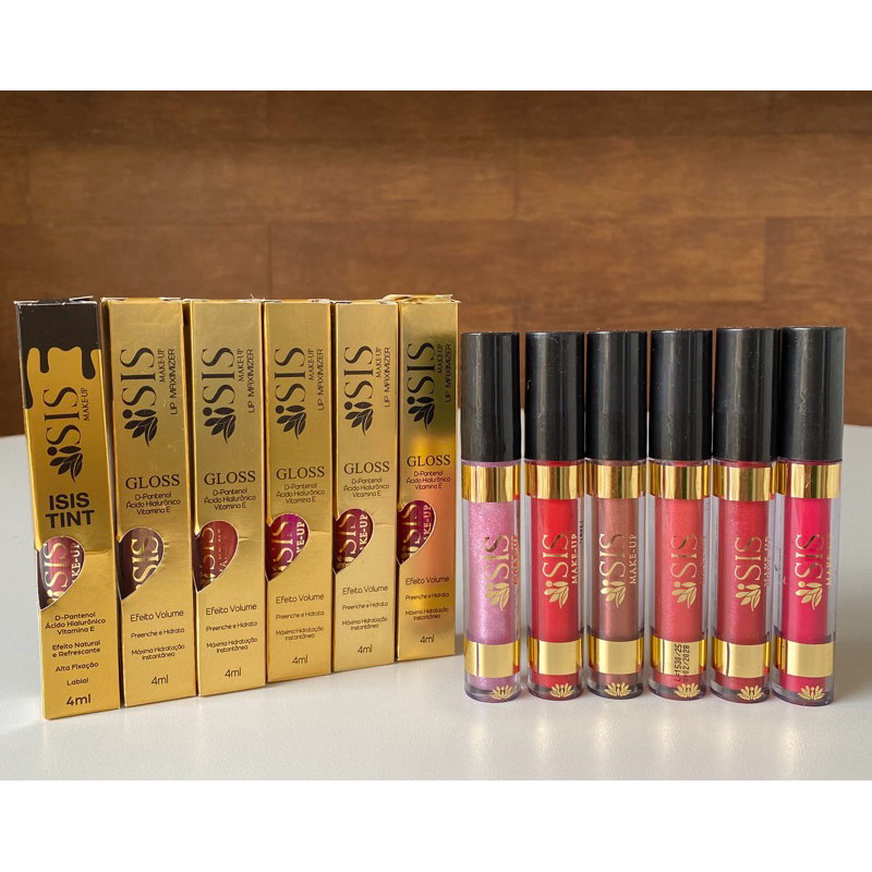 kit com 6 Gloss Labial Efeito Volume Aumenta a Boca Ísis Makeup Preenche e Hidrata
