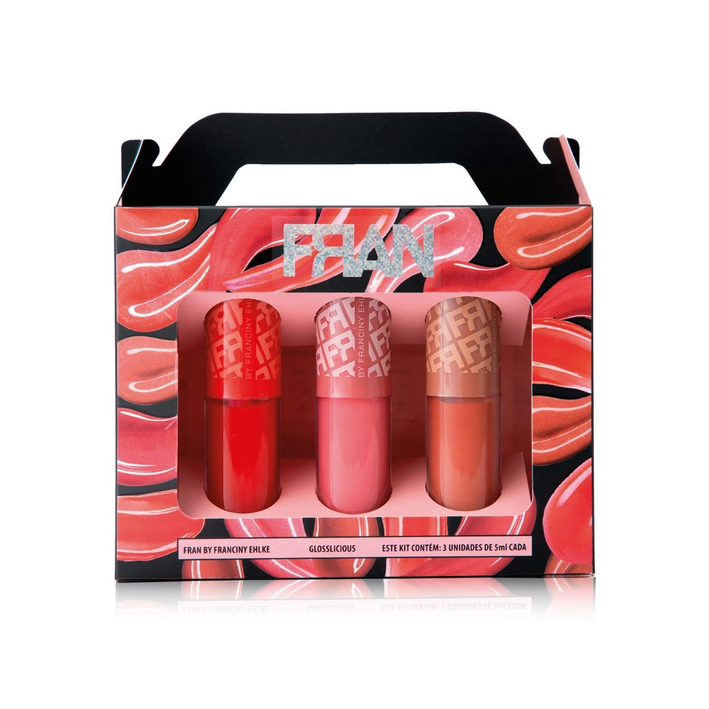 Presente 3 gloss Fran Glosslicious By Franciny Ehlke labial boca hidratada com cor rosa vermelho