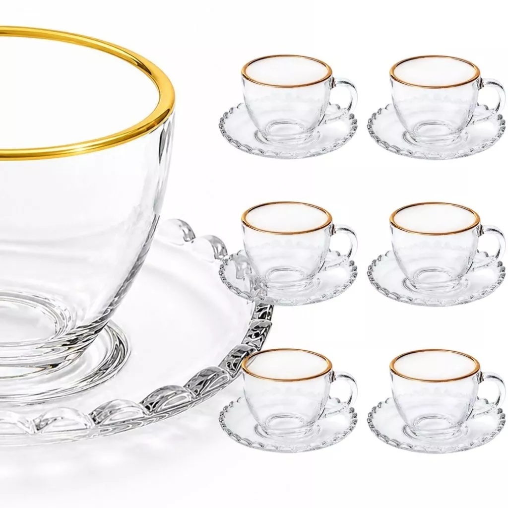 Kit 6 Xícaras de Vidro 100ml com Pires Borda Dourada Cristal para Café Mesa Posta