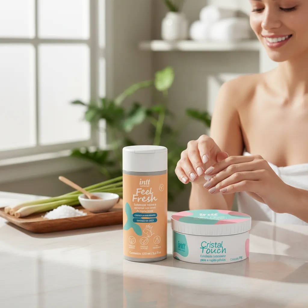 KIT ESFOLIANTE PÉLVICO CRISTAL TOUCH + SABONETE LÍQUIDO ÍNTIMO FEEL FRESH USO  UNISSEX 100ML INTT