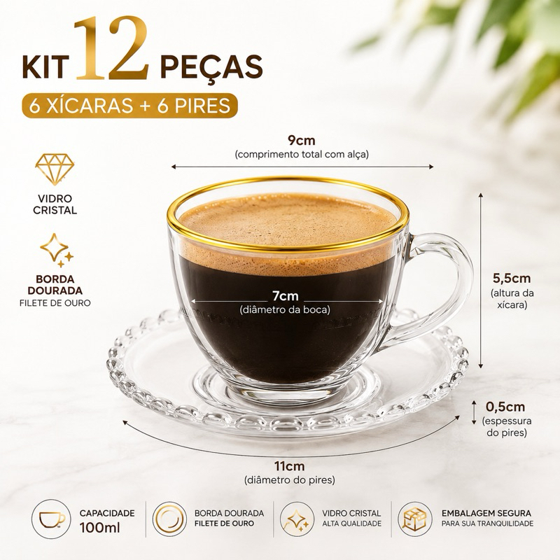 Jogo 6 Xícaras Vidro Com Pires Borda De Ouro e Cristal 100ml Café Mesa Posta Chá Luxo
