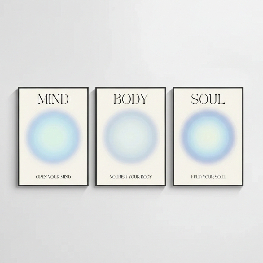 Quadros decorativos Mente Corpo Alma Positivo Aura Espiritual Granulado Azul (30x40 3 peças)