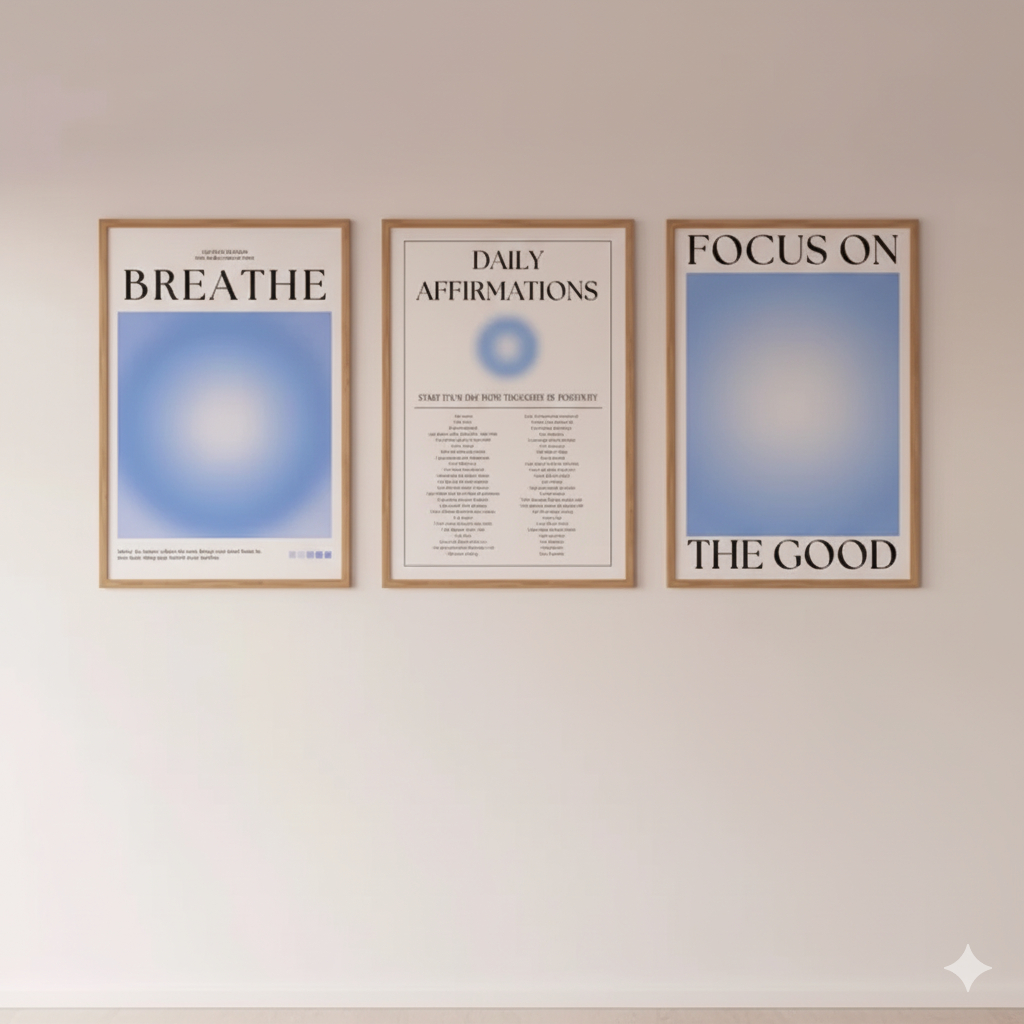 Quadros decorativos Azul positivo aura espiritual granulado gradiente (3 peças)
