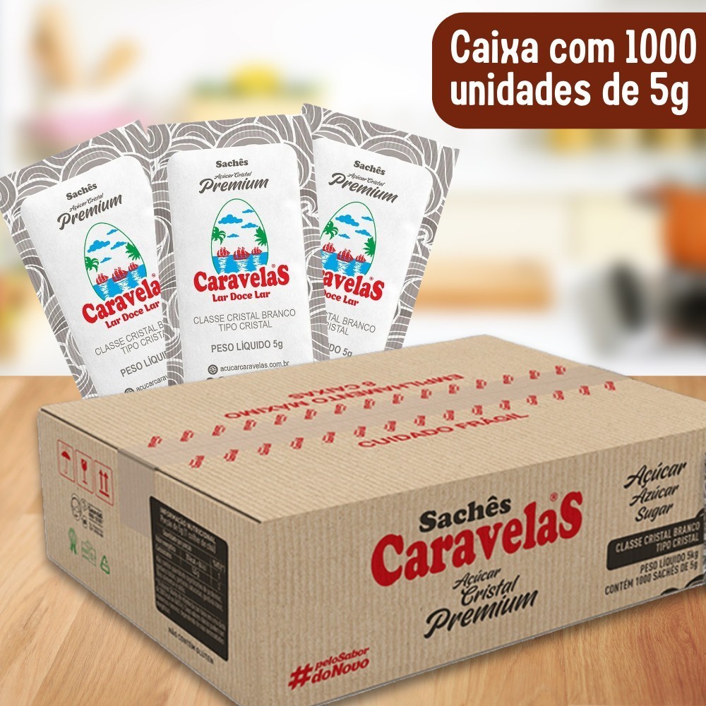 Caixa 1000Un Açúcar Caravelas Unidades de 5g Refinado Granulado em Sachê Comércio Eventos