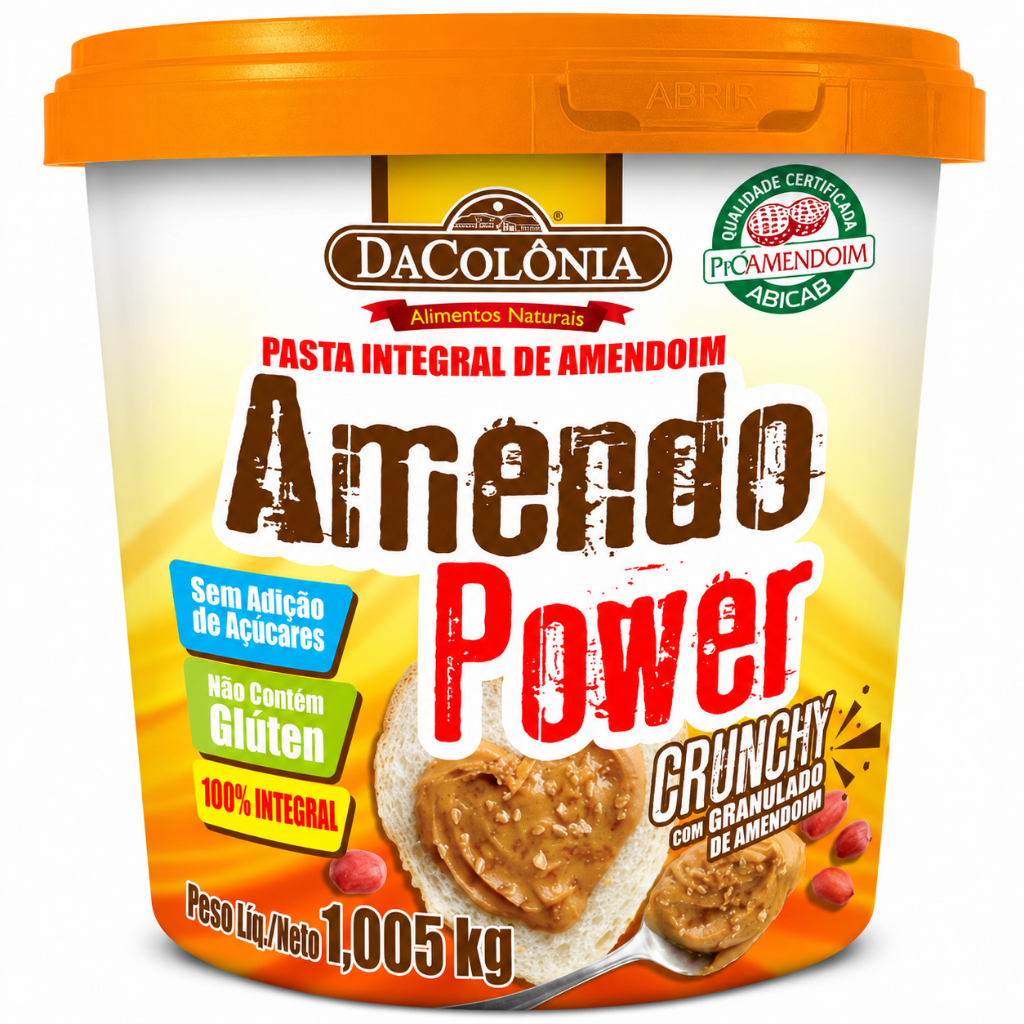 Pasta Amendoim Integral Amendo Power Crunch 1kg Granulado de Amendoim Fonte de Proteína e Gordura Boa Vegano - DaColônia