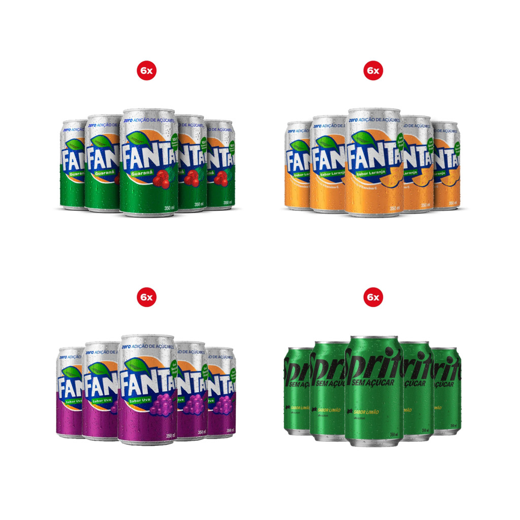 Kit 6 Unidades Pack Refrigerante ZERO Lata 350ml - Fanta laranja uva guaraná sprite