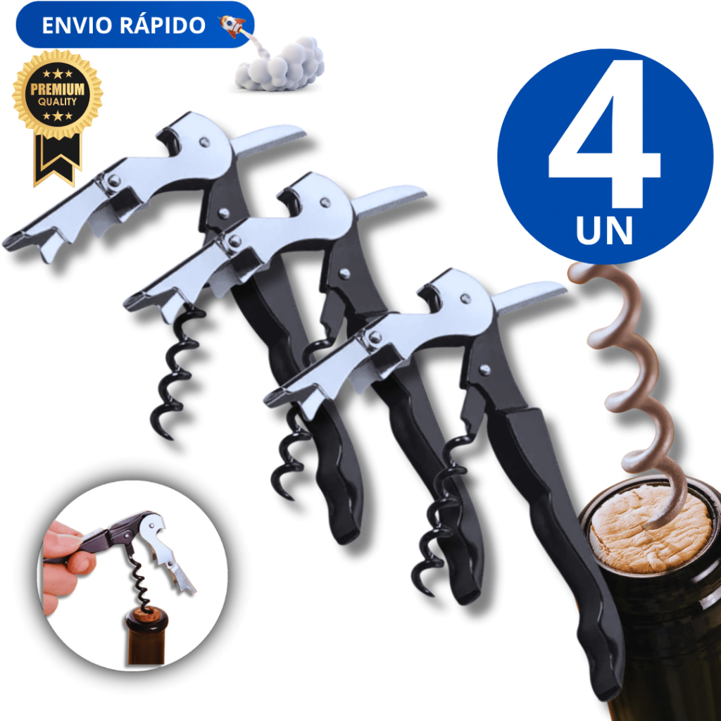 Kit 04 Unidades Saca Rolha Abridor De Garrafa Vinho Saca Rolhas Aço Inox 3 Em 1 Premium Resistente Qualidade