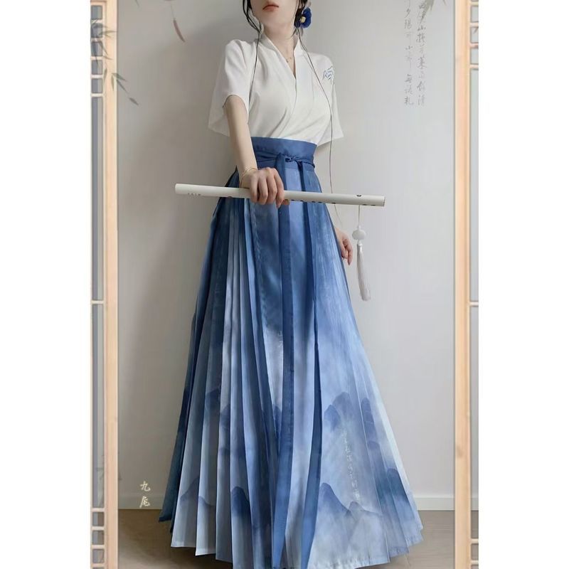 ** Original feminino Hanfu Ming feito saia de rosto de cavalo verão fino novo estilo chinês manga de avião manga curta d