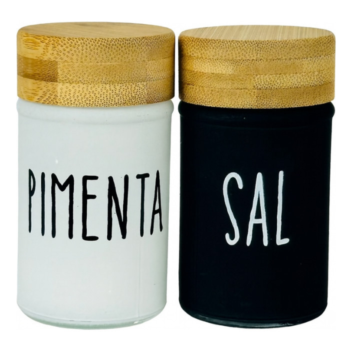 Kit Doha Saleiro e Pimenteiro 2 Peças – Design Moderno em Vidro com Tampa de Bambu para Temperos