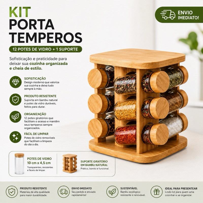 Porta Temperos Giratório Bambu Natural 12 Potes em Vidro Resistente Design Elegante Para Temperos