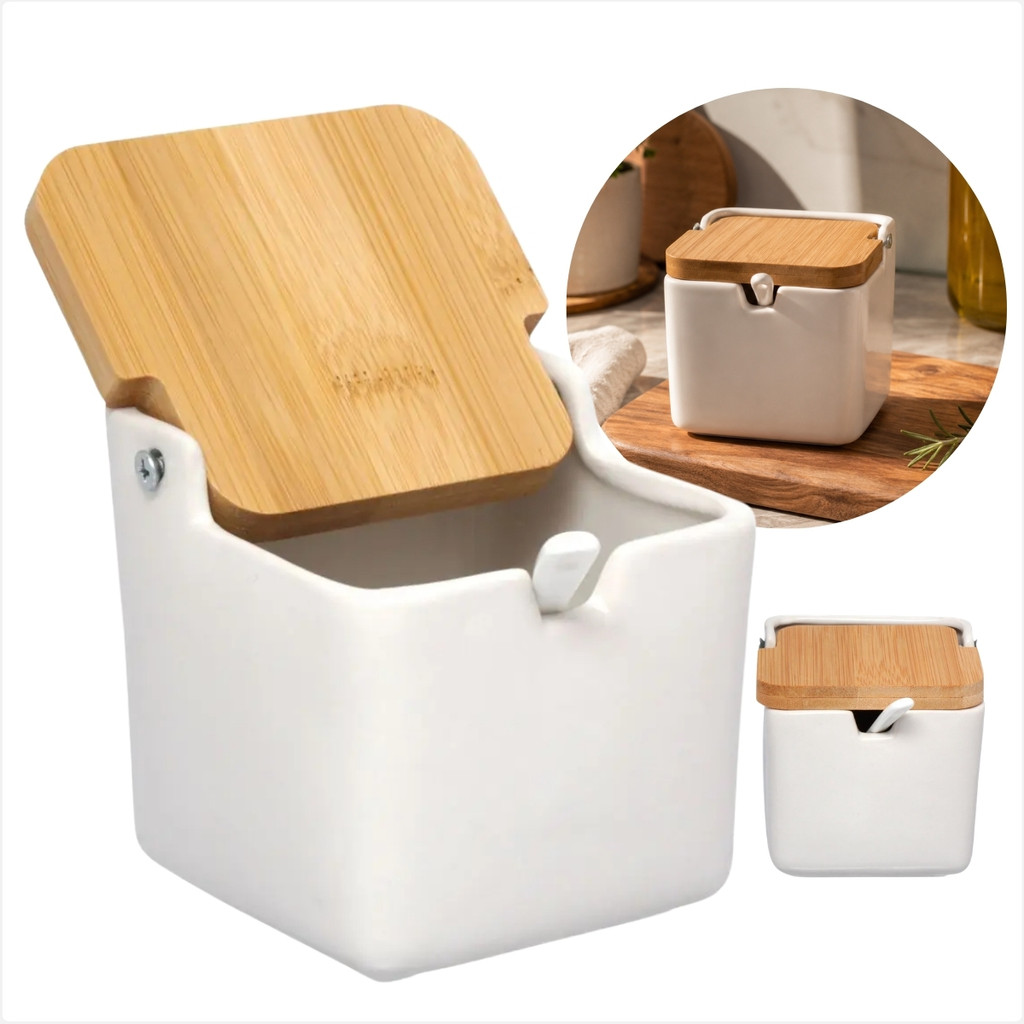 Porta Sal de Porcelana 300ml com Tampa Articulada de Bambu Colher e Design Moderno