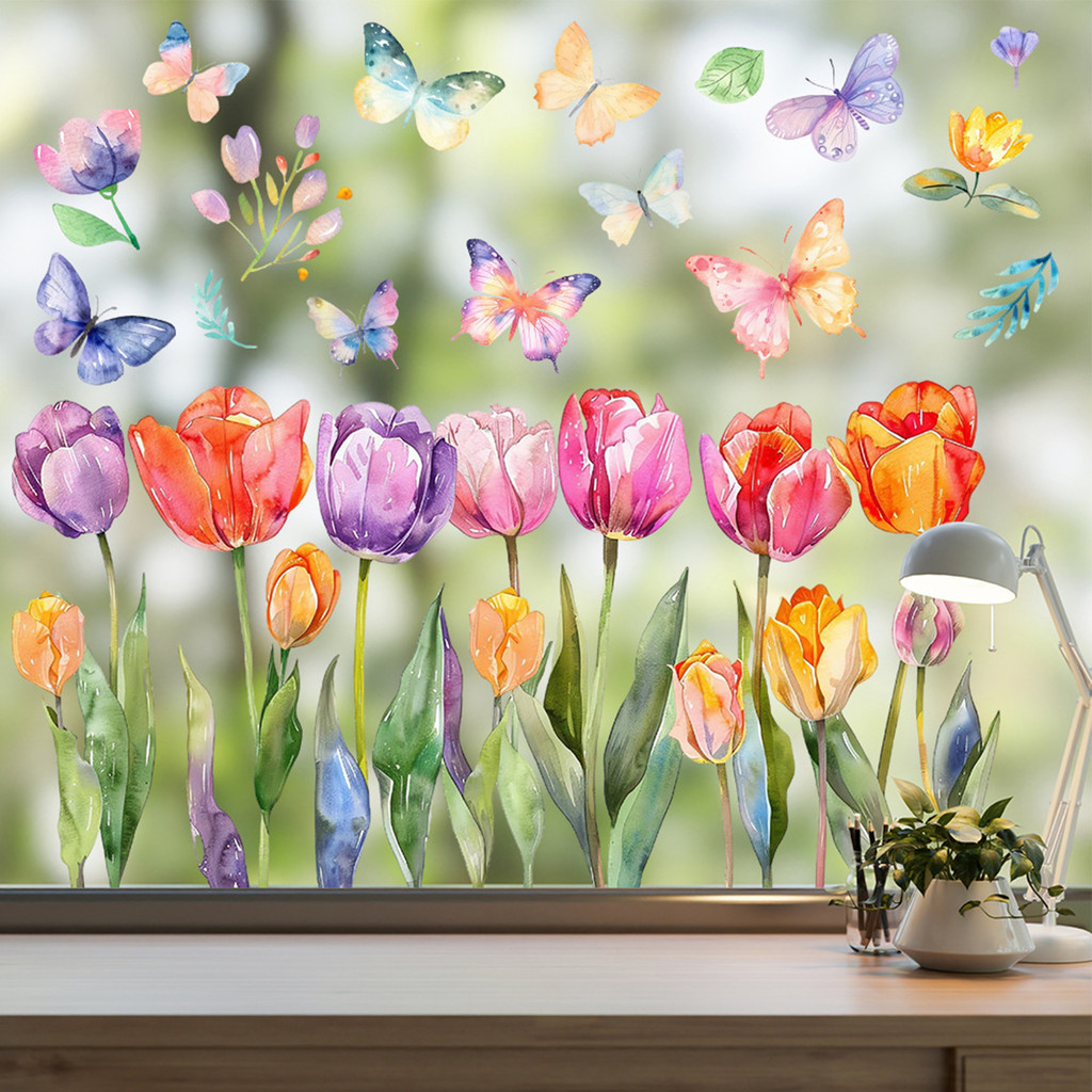 TX-Folha De Adesivos De Janela Floral , Cor Vibrante , Tulipa , Borboleta , Design , Filme De Vidro PVC , Decalque , Sal