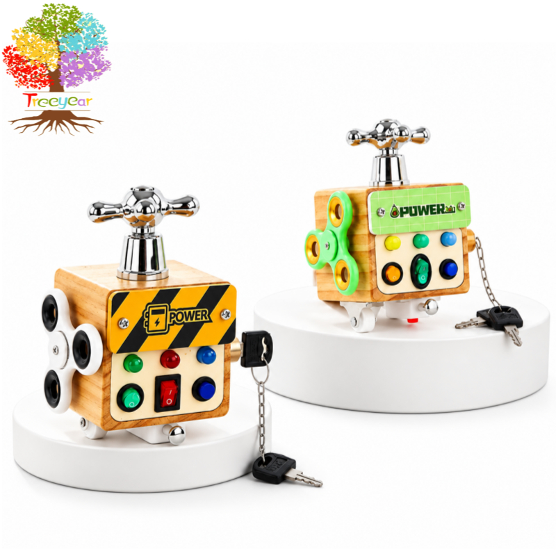 Montessori De Madeira Ocupada Placa Interruptor Brinquedo LED Luz Atividade Cubo Motor Fino Aprendizagem Sensorial Para