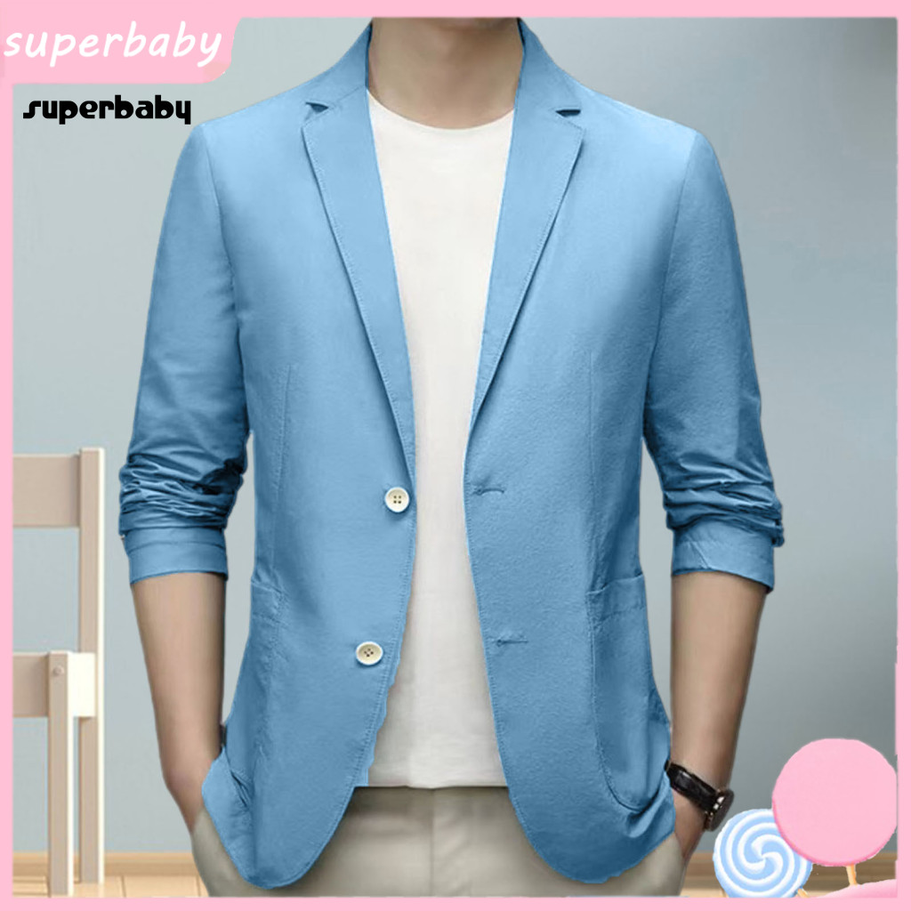 Anti-wrinkle Blazer Summer Suit Coat Men's Formal Business Jacket Lightweight Double Button with Lapel Collar Long Sleev