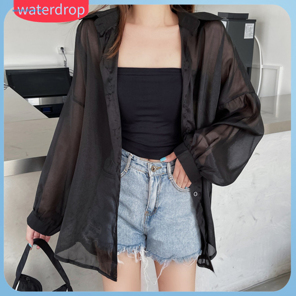 Summer Sun Protection Shirt for Women Lightweight Pearlescent Chiffon Long Sleeve Button-down Jacket Uv Sunscreen Cover-