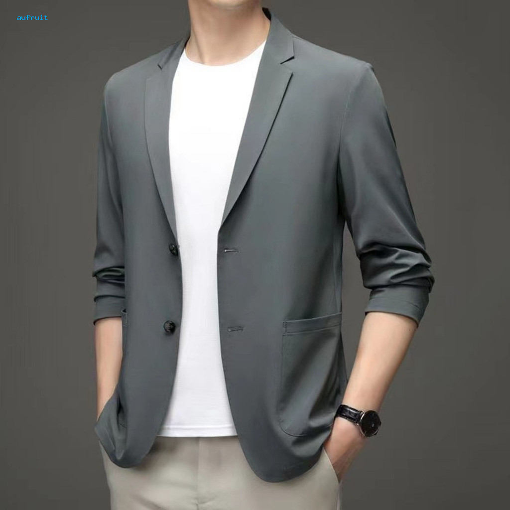 Men Lightweight Suit Coat Summer Men's Formal Business Jacket Lapel Collar Double Button Long Sleeve Anti-wrinkle Solid