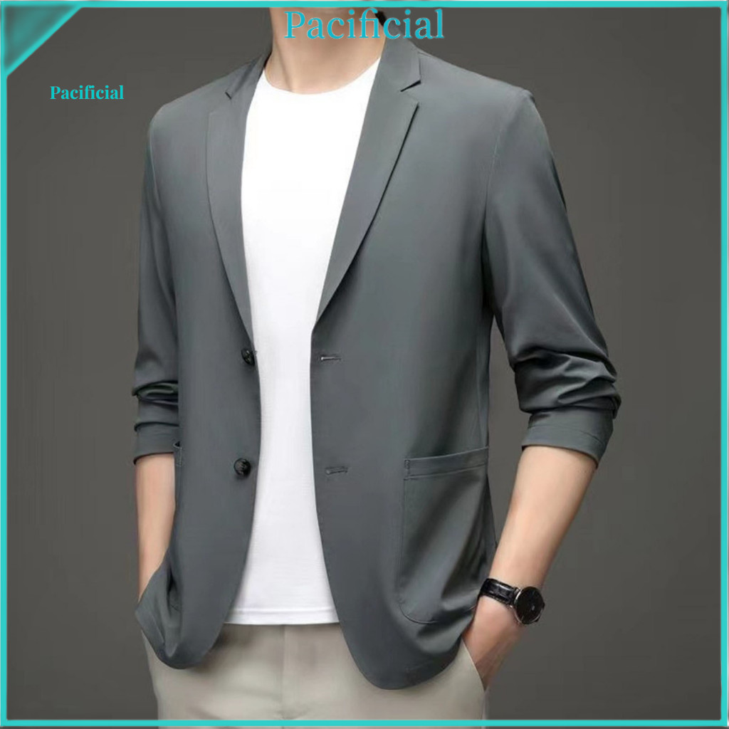 Summer Suit Coat Formal Occasion Men's Business Jacket Lightweight Anti-wrinkle Double Button Blazer with Lapel Collar L