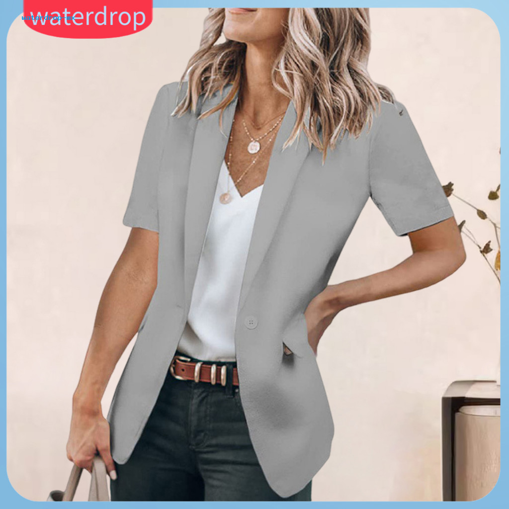 Women’s Casual Short Sleeve Blazer Jacket Single Button Lapel Suit Coat with Flap Pockets Lightweight Summer Business