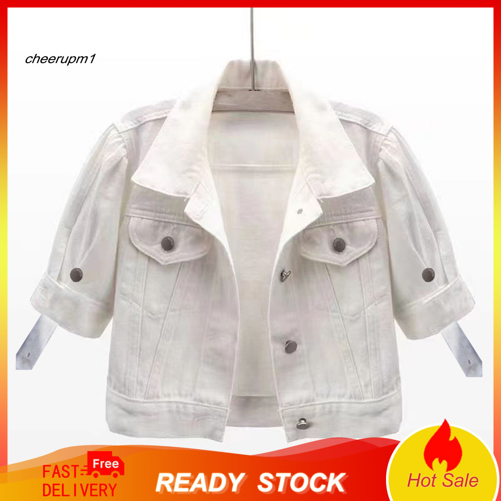 Fashionable Women Jacket Short Denim Women’s Summer White Cropped Sleeve Jean Trucker Coat Lightweight Button-down Lap
