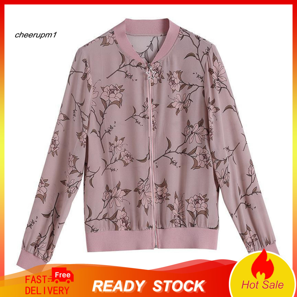 Women Polyester Jacket Lightweight Breathable Women’s Summer Thin Floral Print Zipper Short Coat Sun Protection Cardig