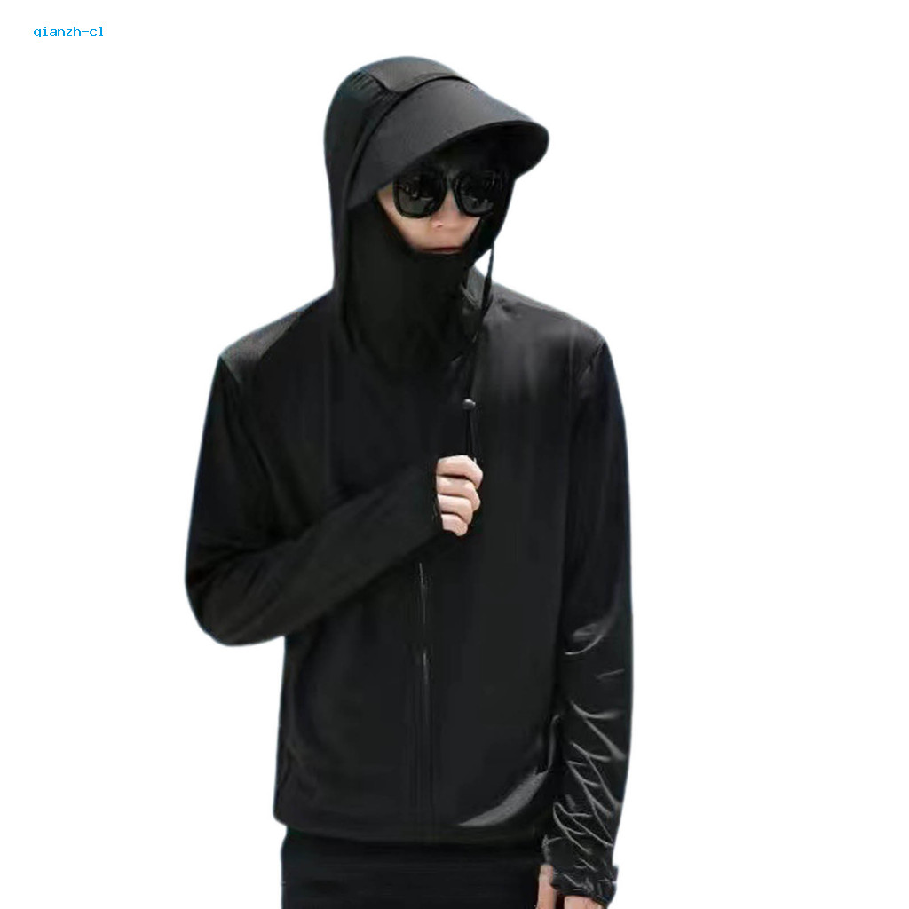 Lightweight Summer Jacket Sun Protection Men's Uv Hoodie Long Sleeve Coat with Zipper and Drawstring Anti-uv