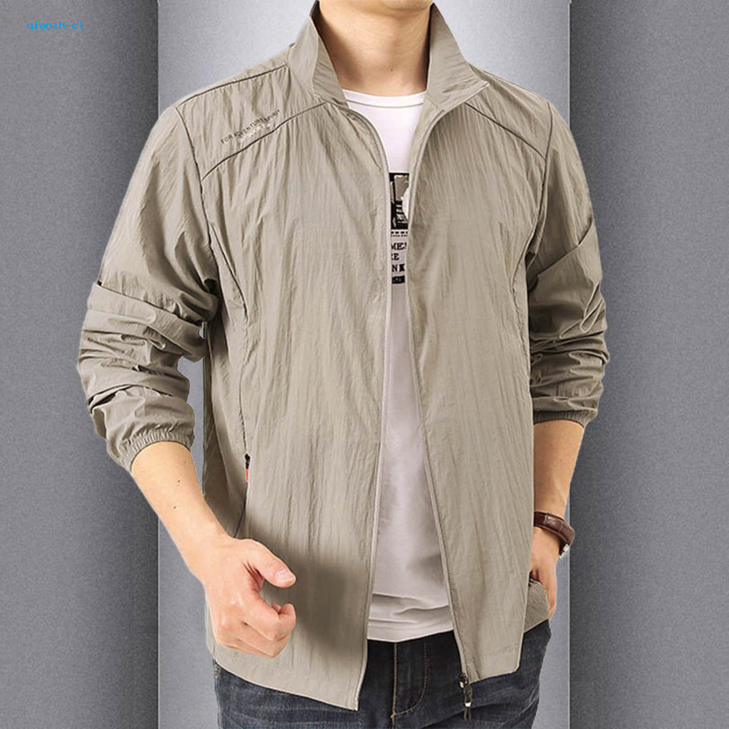 Men Lightweight Coat Splashproof Windbreaker Men's Summer Sun Protection Jacket Lapel Collar Long Sleeve Windproof Ice S